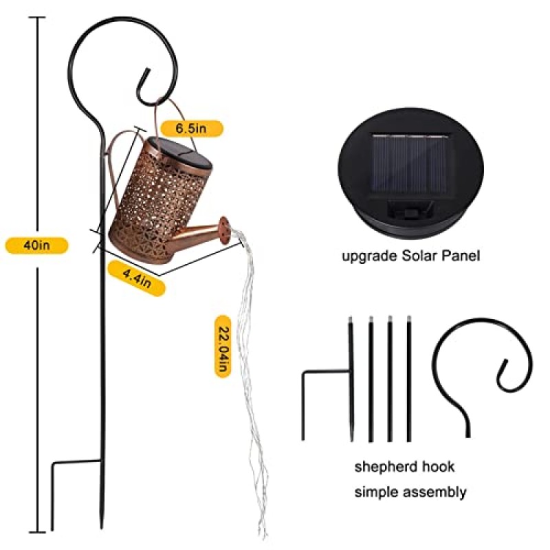 조명이 있는 태양열 물뿌리개, 더 큰 정원 장식, 태양열 랜턴 실외용 방수 정원 조명, 장식용 복고풍 금속 폭포 조명 파티오 야드 장식용 태양열 발전
