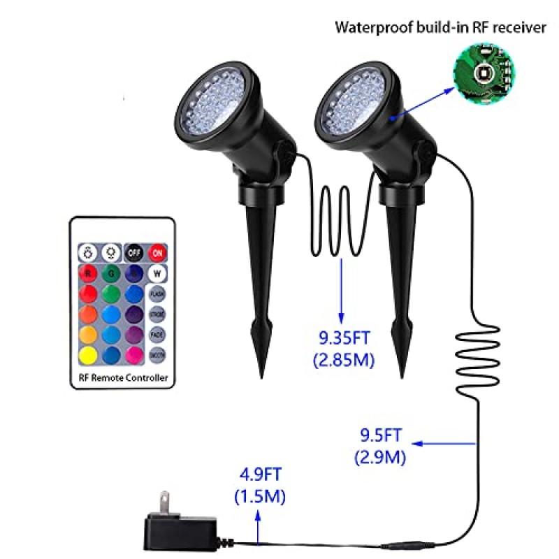 원격 제어 기능이 있는 ZODIC 정원 스포트라이트, 36개 LED 멀티 컬러 조경 조명, IP66 방수, 정원 마당 파티오 잔디 집 깃발 나무 동상 통로용 스탠드 - 2개 세트