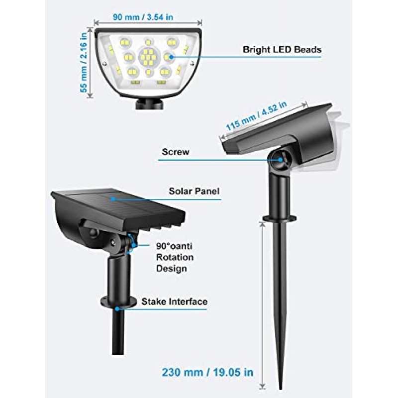 LiBlins 태양광 조경 스포트라이트 실외, [6 팩/3 모드] 2-in-1 태양광 조경 스포트라이트, IP67 방수 태양광 발전 벽 조명(야드 가든 파티오 차도 수영장용)(차가운 흰색/33 LED)
