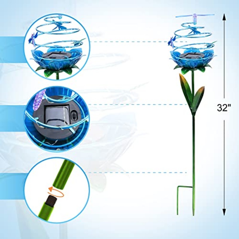 Afirst 태양광 조명 야외 방수 - 태양광 정원 말뚝 잠자리 꽃 20 LED 통로 마당 잔디 야외 장식용 나선형 금속 장식 2 팩