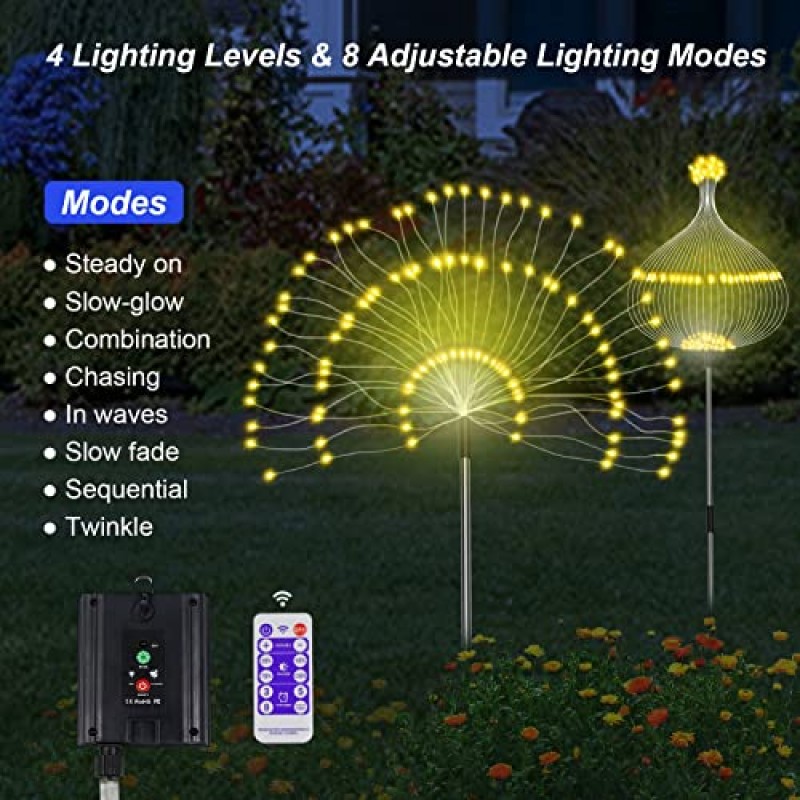 태양광 정원 조명 태양광 불꽃놀이 조명 4팩 8가지 모드의 480개 LED 태양광 야외 조명 방수 DIY 조경 조명 정원 파티오 통로 파티 장식(따뜻한 흰색)을 위한 2가지 충전 방법 포함