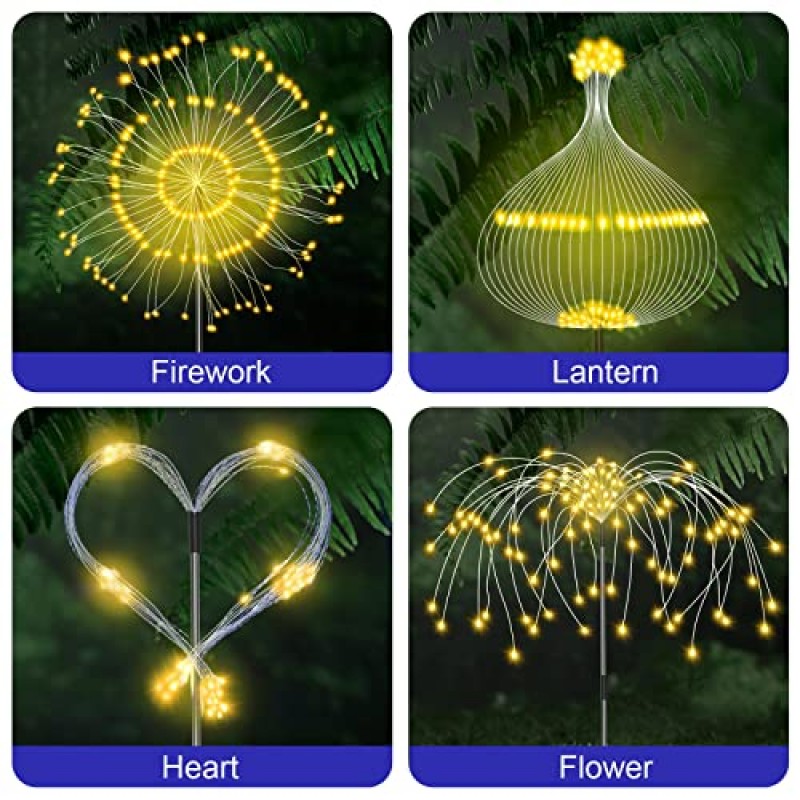 태양광 정원 조명 태양광 불꽃놀이 조명 4팩 8가지 모드의 480개 LED 태양광 야외 조명 방수 DIY 조경 조명 정원 파티오 통로 파티 장식(따뜻한 흰색)을 위한 2가지 충전 방법 포함