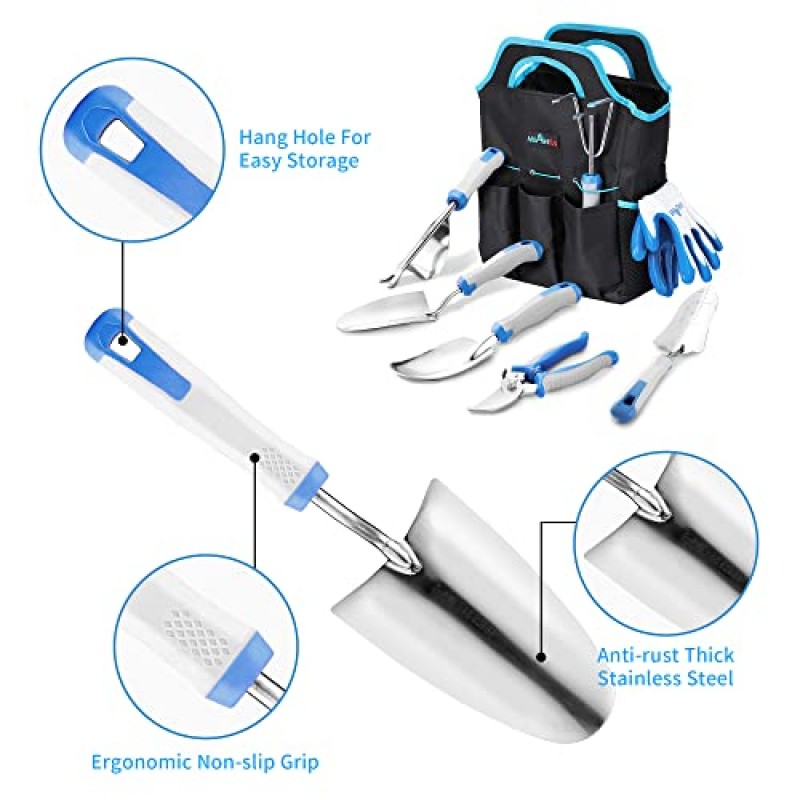 원예 도구, 튼튼한 보관 토트 백, 미끄럼 방지 고무 그립, 야외 원예 수공구, 남성 여성 정원사를위한 이상적인 원예 선물이 포함 된 8 Pcs 헤비 듀티 스테인레스 스틸 정원 도구 세트