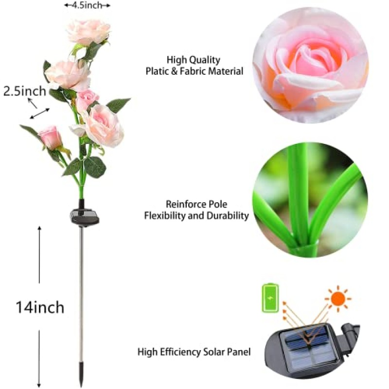 태양열 꽃 조명 정원 장식 야외 방수 [업데이트] 2 팩 핑크 장미 10개 파티오 통로 마당 잔디 장식 선물용 태양열 장식 스테이크 조명