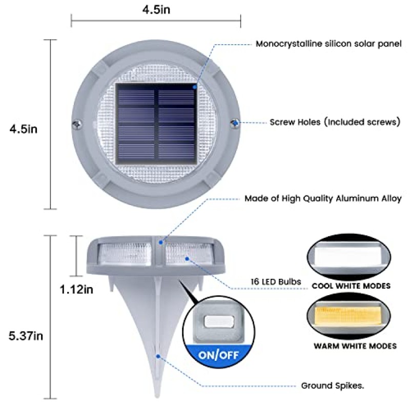 SIEDiNLAR 태양광 데크 조명 실외 2가지 모드 16개 LED 진입로 마커 도크 조명 태양광 발전 방수 지상 계단 통로 산책로 계단 정원 도로 마당 4팩(쿨 화이트/웜 화이트)