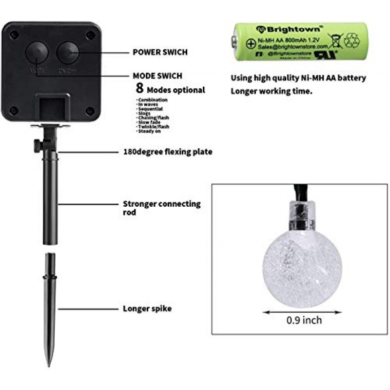 태양열 끈 조명 야외 60 LED 36FT 크리스탈 글로브 조명 8 가지 조명 모드, 방수 태양 광 발전 파티오 조명 정원 마당 베란다 웨딩 파티 장식 (따뜻한 흰색)