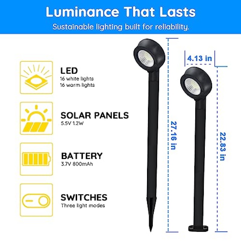 RAYSLIT 태양광 정원 조명 야외 2팩, 업그레이드된 밝은 태양광 조명 야외 방수 3가지 조명 모드 외부 통로용 태양광 전원 자동 켜짐/꺼짐 태양광 조명 산책로 진입로 잔디 테라스