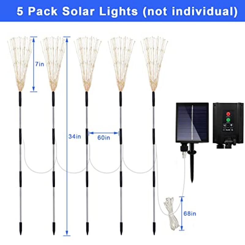 태양열 불꽃 놀이 조명, 정원 조명 5 팩 120 LED 원격 제어 태양열 장식 조명, 8 가지 깜박임 모드가있는 방수 스테이크 조경 조명, 정원 통로 안뜰 장식용 (다채로운)