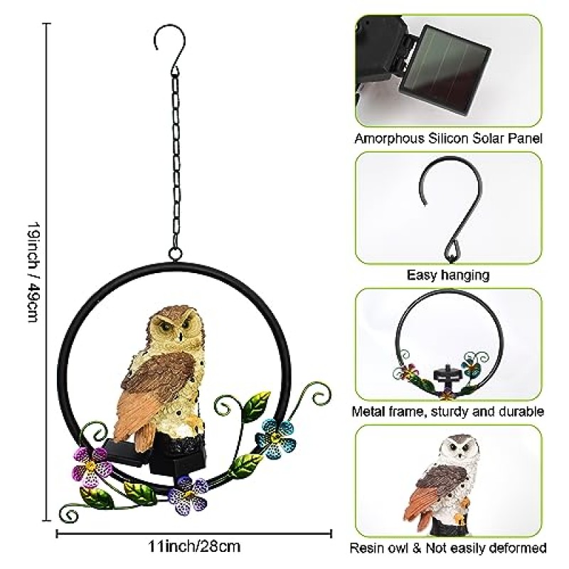 Destlife 태양 정원 야외 동상 조명 장식, 태양 올빼미 입상 램프, IP65 방수 정원 수지 동물 펜던트 조명, 정원 잔디 통로 마당 장식용 후크 포함
