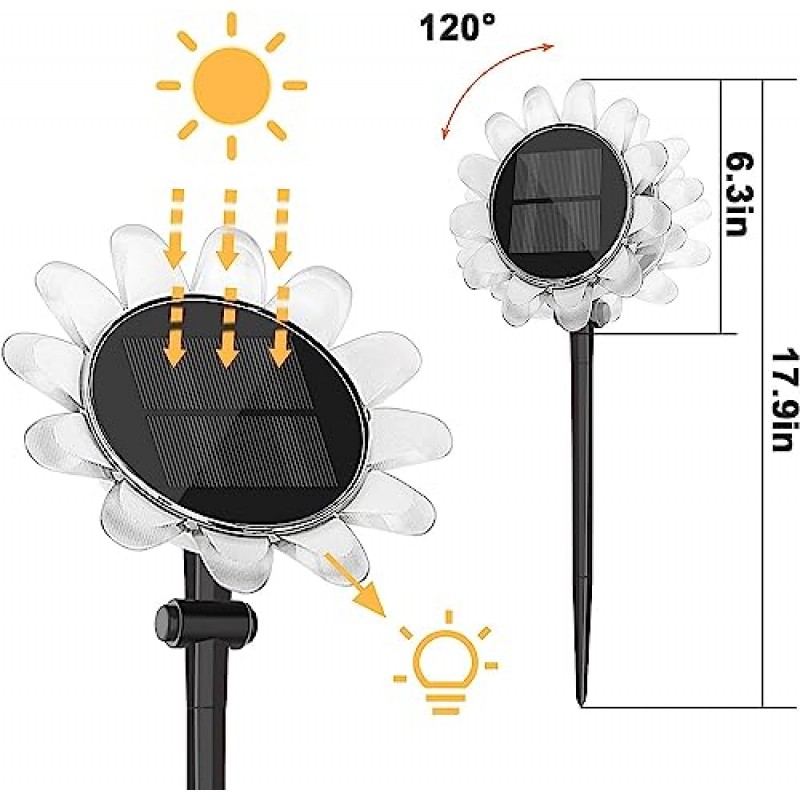 Uppallant 태양광 조명 야외 장식, 정원, 호수, 마당, 통로, 잔디밭을 위한 10가지 색상 및 4가지 모드 변경, IP68 방수 LED 원격 태양광 꽃 조명이 있는 2팩 태양광 해바라기 정원 조명
