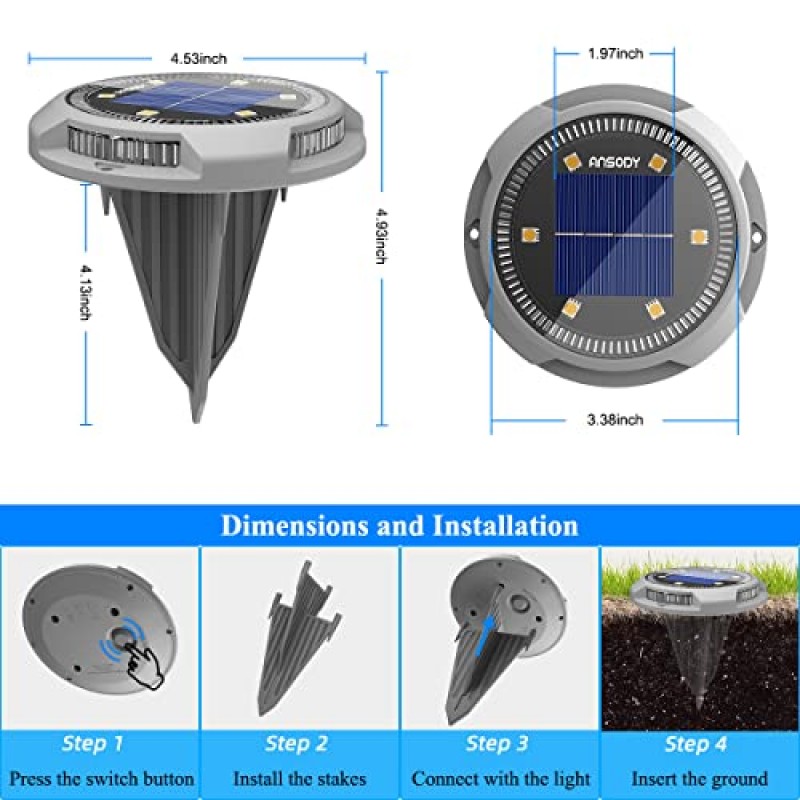 Ansody 태양광 지상 조명, 업그레이드된 IP65 방수 야외 정원 조명 14시간 추가 장시간 조명 테라스 통로 진입로 잔디밭용 조경 조명(8팩)
