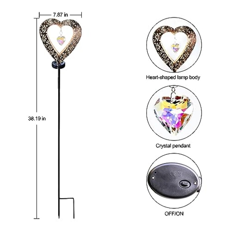 Nemor 태양 정원 조명 야외 금속 심장 태양 스테이크 빛 따뜻한 흰색 태양 심장 조명 크리스탈 Suncatchers 장식 잔디 파티오 마당에 대 한 기념 선물