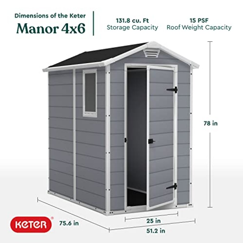 Keter Manor 4x6 수지 야외 보관 창고 키트 - 파티오 가구, 정원 도구 자전거 액세서리, 비치 의자 및 잔디 깎는 기계, 회색 및 흰색 보관에 적합