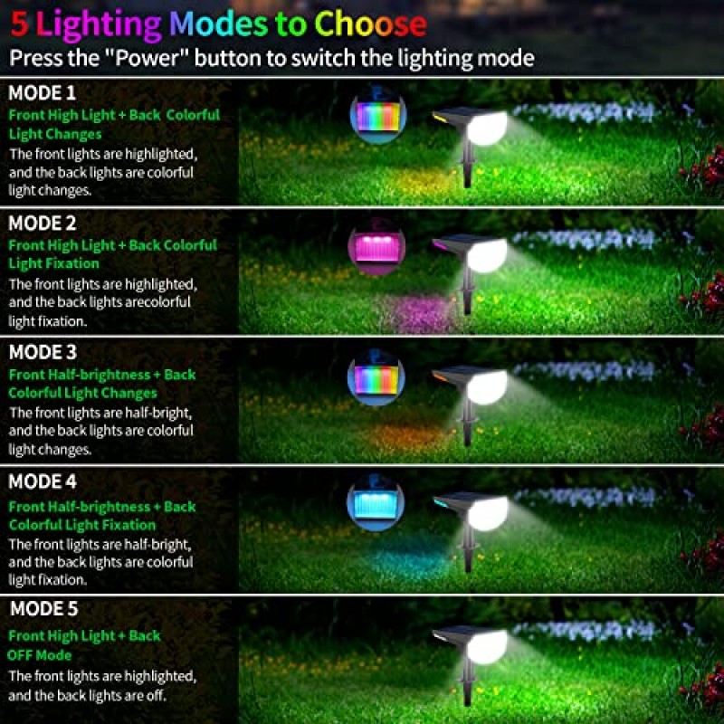 efiealls 태양광 경관 스포트라이트 야외 31LED 흰색 + 뒷면 RGB 다색 장식 태양광 스포트라이트 실외 방수 태양광 마당 조명 야외 정원 통로용, 2팩(흰색 및 다색)