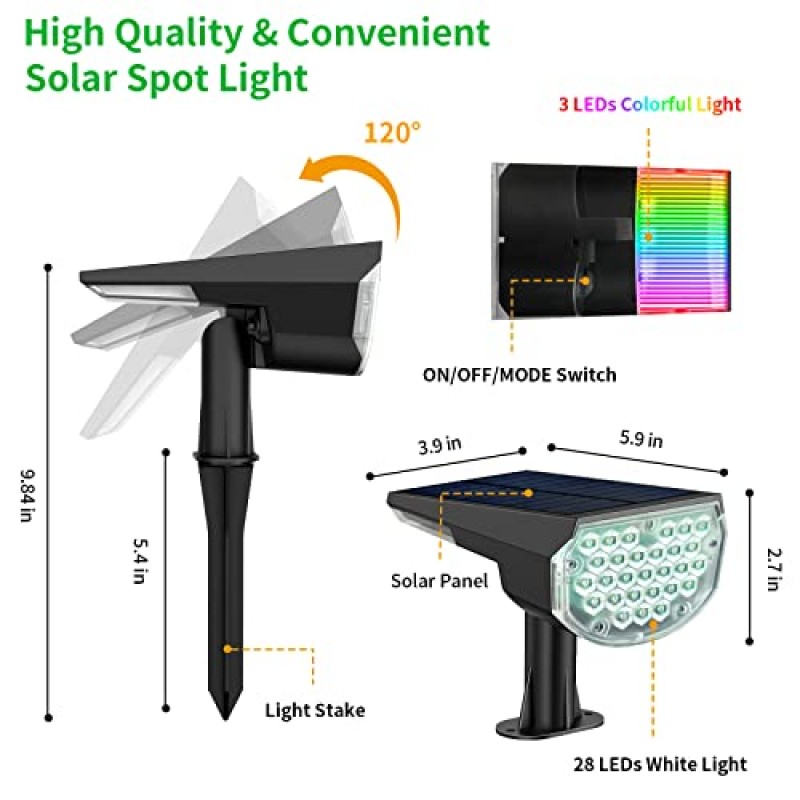 efiealls 태양광 경관 스포트라이트 야외 31LED 흰색 + 뒷면 RGB 다색 장식 태양광 스포트라이트 실외 방수 태양광 마당 조명 야외 정원 통로용, 2팩(흰색 및 다색)