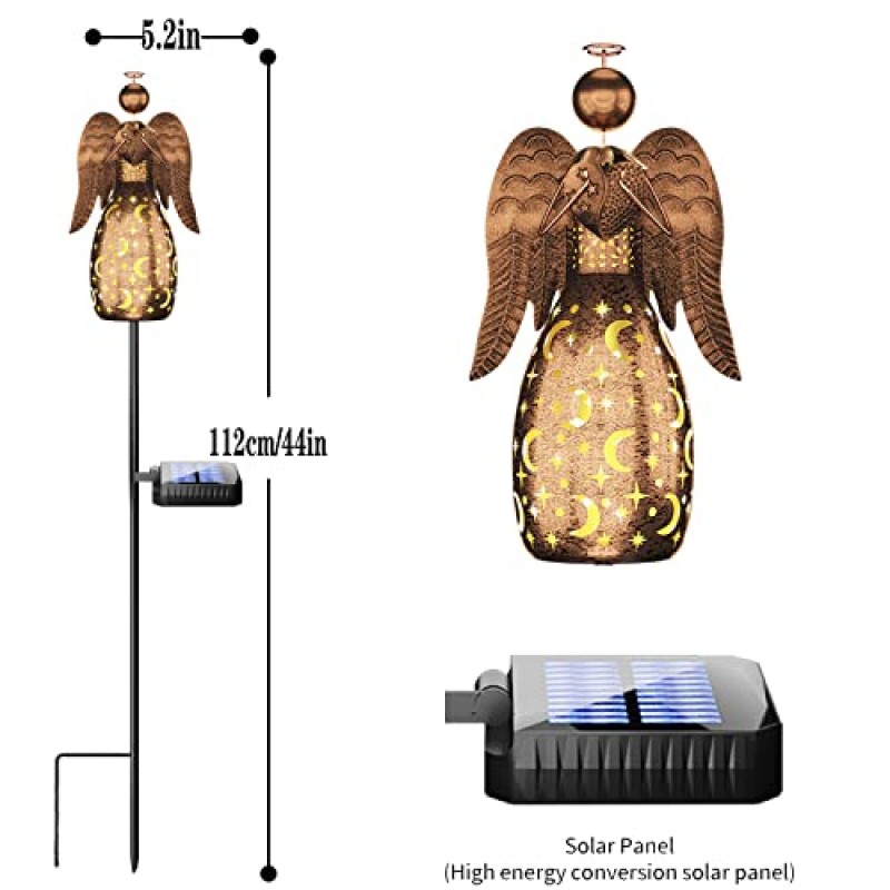 UXZCVIO 태양 정원 스테이크 조명 야외 청동 천사 스테이크 금속 조명 정원 잔디 안뜰 또는 안뜰에 대 한 방수 따뜻한 흰색 LED