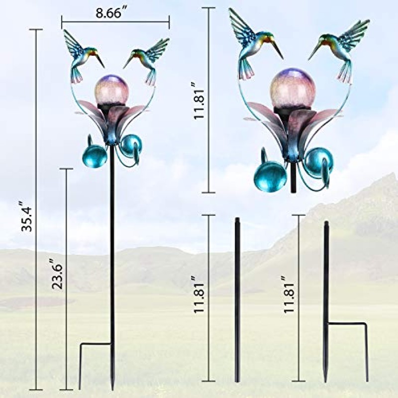 VCUTEKA 태양 광 조명 야외 금속 정원 스테이크 방수 Crackle 유리 글로브 정원 장식 벌새 통로, 잔디, 파티오, 마당