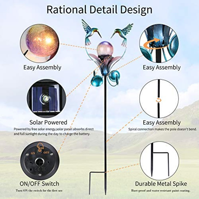 VCUTEKA 태양 광 조명 야외 금속 정원 스테이크 방수 Crackle 유리 글로브 정원 장식 벌새 통로, 잔디, 파티오, 마당