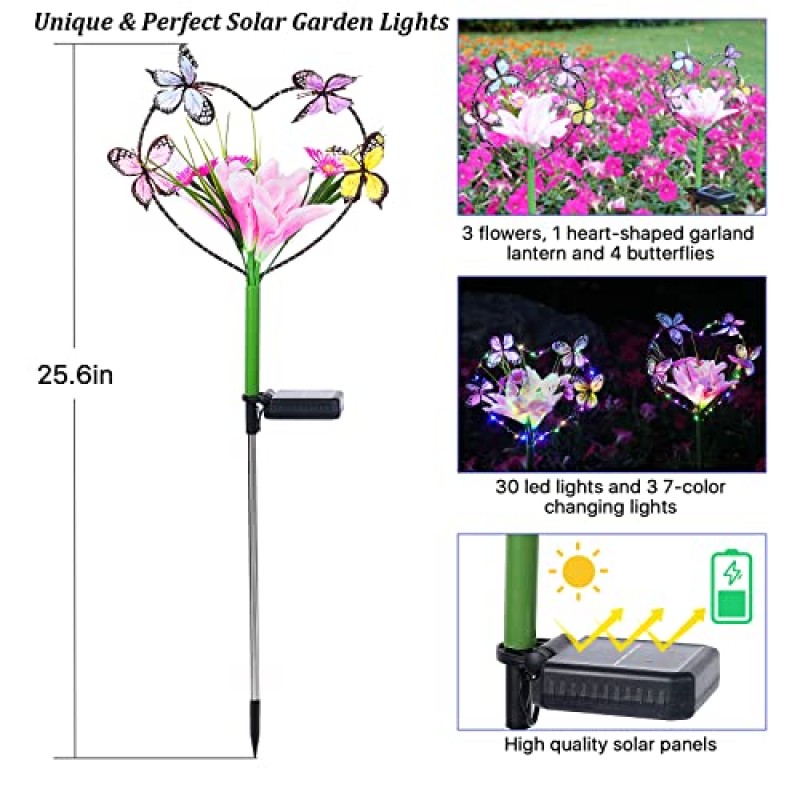 태양광 정원 조명 방수, Aukora 나비와 꽃이 있는 태양광 야외 조명, 정원 파티오 야드 야외 웨딩 장식을 위한 7가지 색상 변경 태양광 꽃 조명, 여성용 선물(2팩)