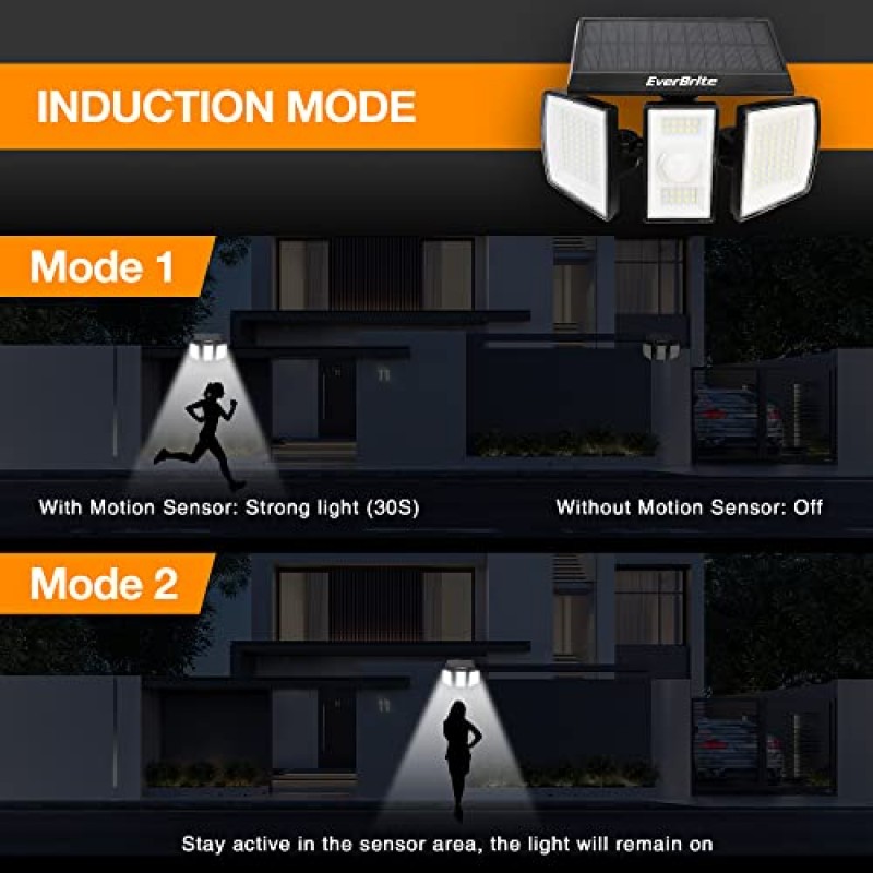 EverBrite 태양광 실외 조명, 128 LED 7000K 태양광 모션 센서 조명, 헤드 3개 보안 LED 투광 조명, 270° 폭 조명, IP65 방수, 마당 파티오 정원 통로 베란다용 벽 조명