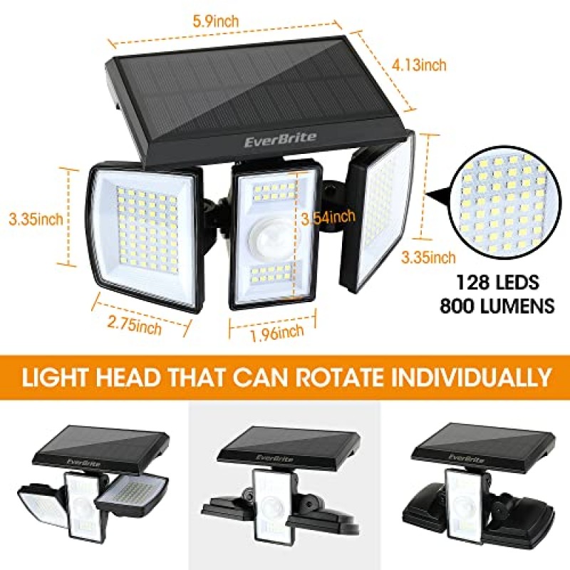 EverBrite 태양광 실외 조명, 128 LED 7000K 태양광 모션 센서 조명, 헤드 3개 보안 LED 투광 조명, 270° 폭 조명, IP65 방수, 마당 파티오 정원 통로 베란다용 벽 조명