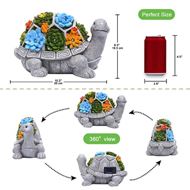 Qeeman 정원 장식 야외 동상 즙이 많은 - 파티오, 발코니, 마당, 잔디 장식품을 위한 태양 거북이 입상 잔디 장식 거북이 - 엄마 할머니를 위한 독특한 선물