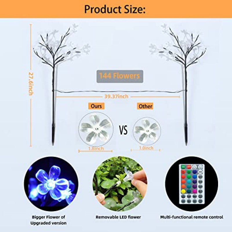 IJG 6 팩 RGB 정원 조명 야외 장식 원격, 16 색상 변경 144 LED 큰 벚꽃 꽃 조명 야외 방수 정원 통로 마당 파티오 잔디 야외 장식