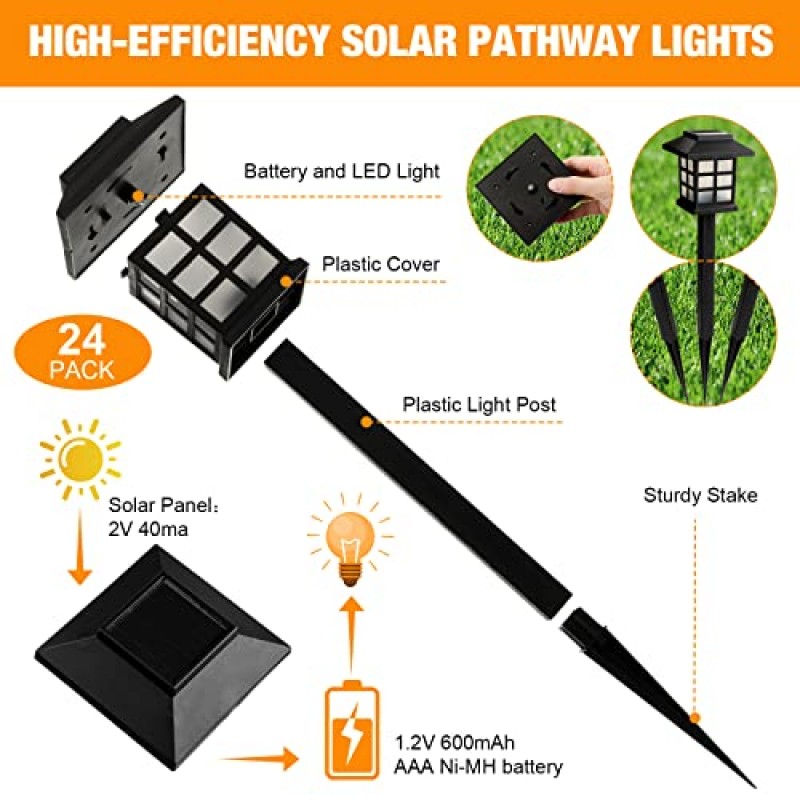 Treela 24 팩 태양광 통로 조명 태양광 조명 야외 방수 LED 태양광 발전 조경 조명 정원 마당 안뜰 잔디 진입로 산책로 보도 통로 야외(다색) 장식