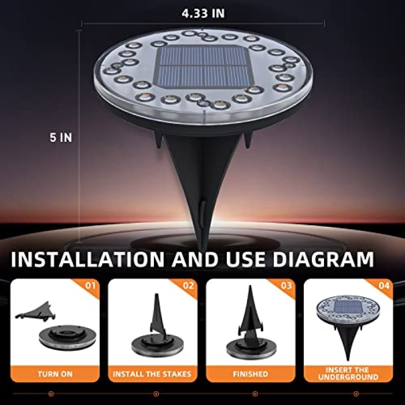 8팩 태양광 지상 조명, 24 LED 태양광 정원 조명 야외 방수 지상 디스크 조명 파티오 잔디밭용 조경 조명, 통로 내마모성 데크 조명 산책로 장식(시원한 흰색)