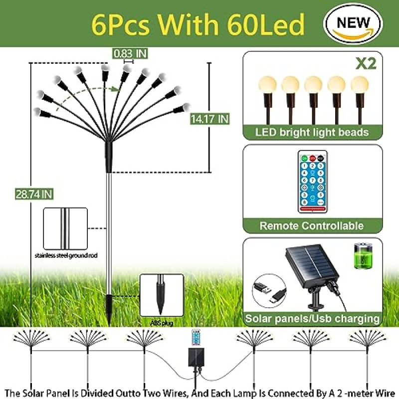 태양광 정원 조명, HyBaiS 6pcs 태양광 반딧불 조명 60led 태양광 요정 조명 야외 방수, 태양광 흔들리는 빛 파티오 통로 뒷마당 축제, 태양광 조명 야외 전원 장식 노란색