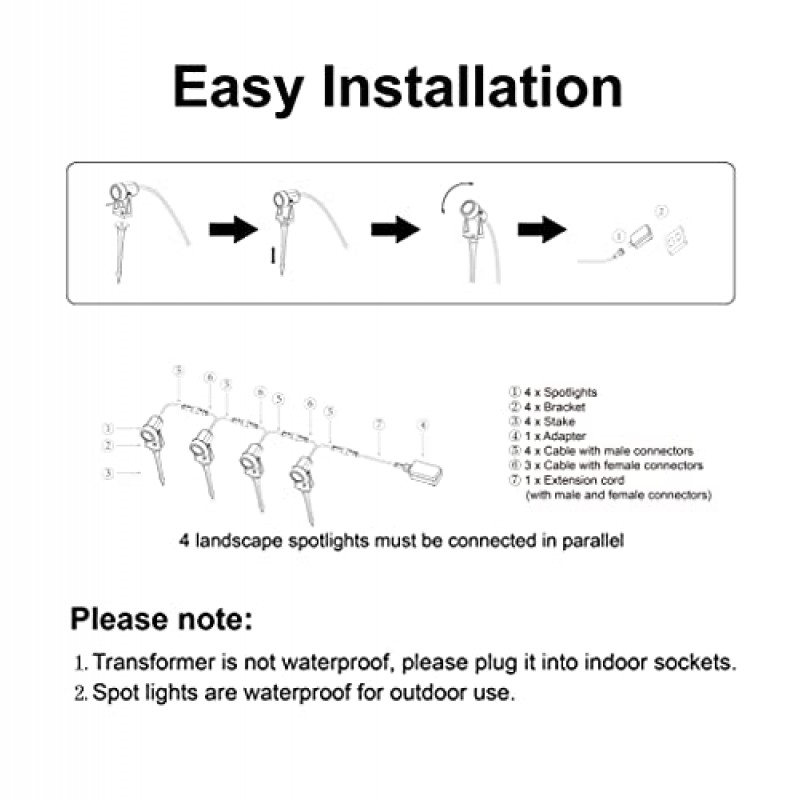 SUNTHIN 야외 조경 조명, 마당, 집, 잔디, 나무, 깃발, 정원, 울타리 사용, IP65 방수용 변압기가 있는 4팩 야외 스포트 라이트