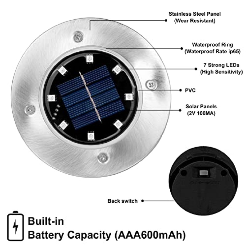 TIAMUTON 태양광 지상 조명 실외 4 팩, 8 LED 태양광 디스크 정원 조명 마당 데크용 방수 지하 조경 조명 잔디밭 파티오 통로 산책로 진입로(다색)