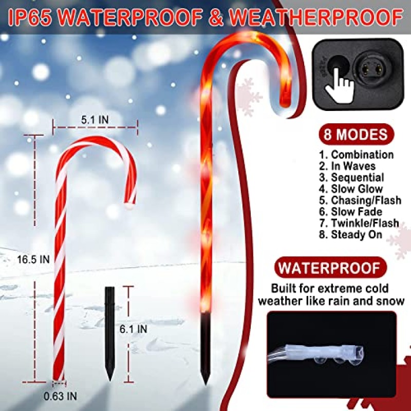 빨간 조명 크리스마스 사탕 지팡이 통로 마커 조명 8가지 모드 및 말뚝, 22인치 크리스마스 조명 야외 크리스마스 장식 산책로 마당 파티오 잔디 정원용 크리스마스 사탕 지팡이 크리스마스 장식