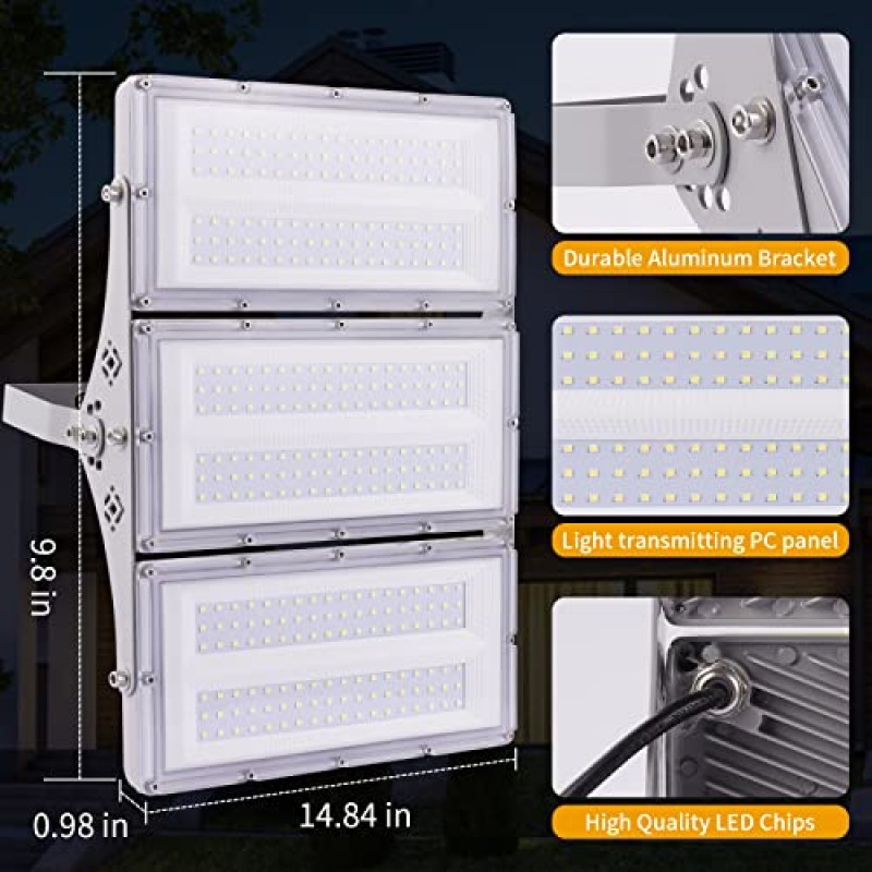 Donzake 300W LED 투광 조명, 더 넓은 조명 각도를 갖춘 24000LM 슈퍼 밝은 실외 보안 조명, 6000K 일광 흰색, 경기장 차고, 정원, 잔디밭, 마당을 위한 IP66 방수 실외 조명