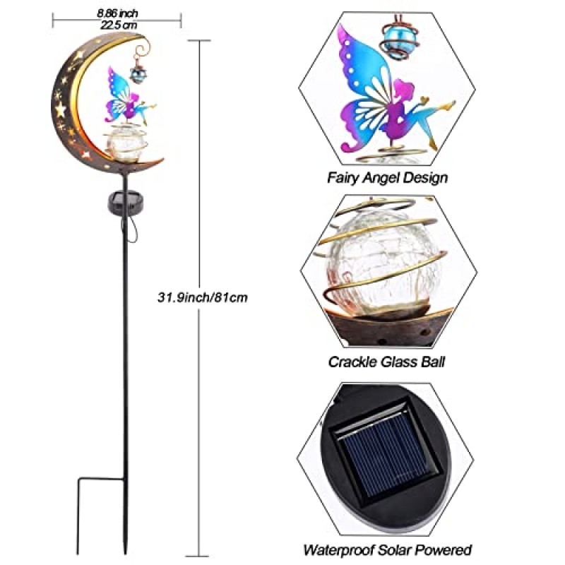 HEDAQI 태양 정원 빛 달 요정 스테이크 조명 색상 천사 장식, 야외 LED 통로 조명 산책로, 마당, 잔디밭, 파티오 또는 안뜰 (따뜻한 빛) 방수 유리 글로브 Crackle