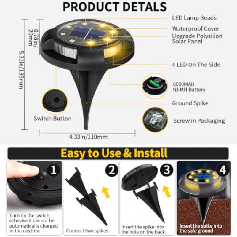 ANKUNABA 태양광 지상 조명, 8 팩 12 LED 태양광 디스크 조명 마당 잔디밭 파티오 데크 진입로 산책로 통로 장식(따뜻한 흰색)을 위한 실외 방수 지상 태양광 정원 조명
