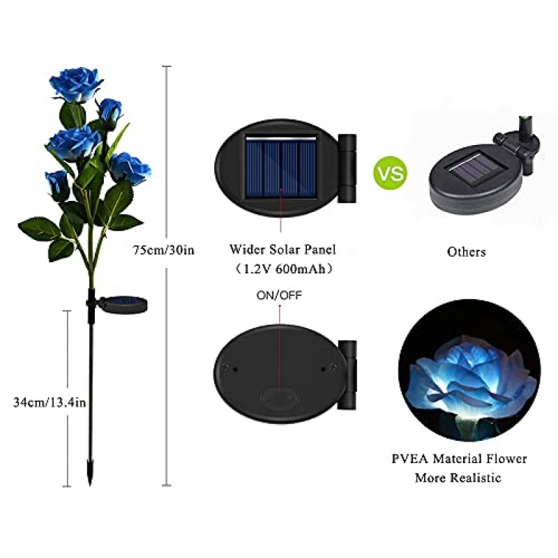 Decorman 태양광 정원 장미 조명, 2팩 현실적인 태양광 야외 꽃 조명 정원, 잔디, 마당, 통로, 파티오, 뒷마당(파란색)을 위한 10개의 장미가 있는 방수 LED 스테이크 풍경 장식 조명