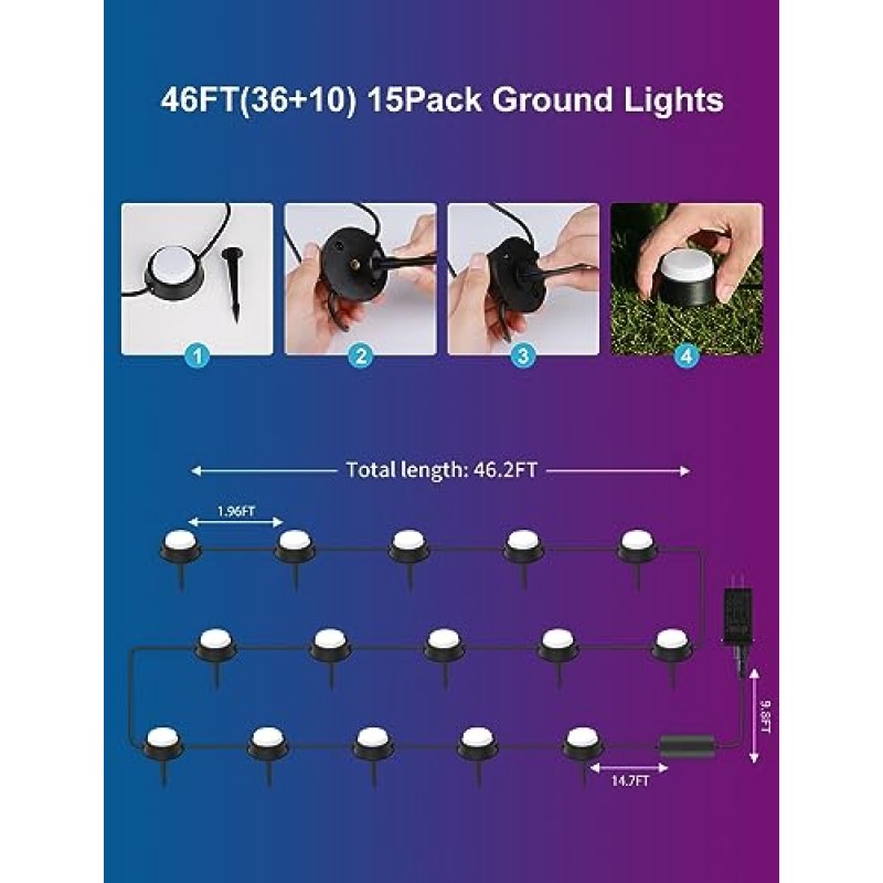 APPECK 실외 지상 조명 15 팩, 36FT IP67 방수 통로 조명, Alexa가 포함된 RGBICW 조경 조명, 앱 제어, 정원, 마당, 파티오, 잔디 장식용 산책로 조명