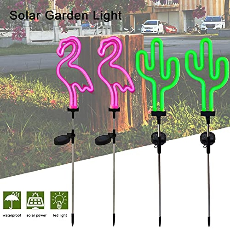 2 태양광 플라밍고 마당 조명 정원 조명 방수 LED 스테이크 조명 네온 등 장식 파티오 조명 잔디 야간 조명 보도 스테이크 조명 통로 장식 연못 램프 (플라밍고 2개 + 선인장 2개)