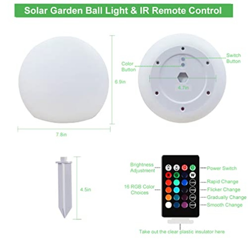 태양광 공 조명 실외, 8인치 방수 가든 글로브 조명, 스마트 조명 센서 제어 구체 조명, 16가지 색상 4가지 모드 조경 조명, 통로 마당 파티오 잔디 장식에 이상적