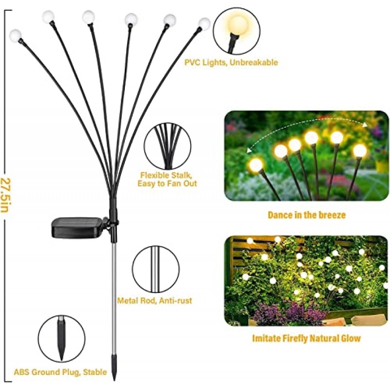 METAIS 태양광 정원 조명, 태양광 발전 반딧불 조명, 6 LED 태양광 반딧불 조명 실외 방수, 파티오, 정원, 잔디밭을 위한 태양광 요정 조명 따뜻한 흰색(따뜻한 흰색, 4PCS)(4PCS, 따뜻한 흰색)