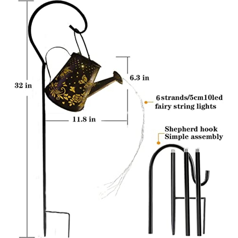 요정 조명이 있는 태양열 물뿌리개 정원 장식 파티오 경로용 물뿌리개 조명 나무 잔디 파티오 경로, 태양열 요정 정원 LED, 야외 스트링 조명, 스타 샤워 정원 조명(셰퍼드 후크 포함)