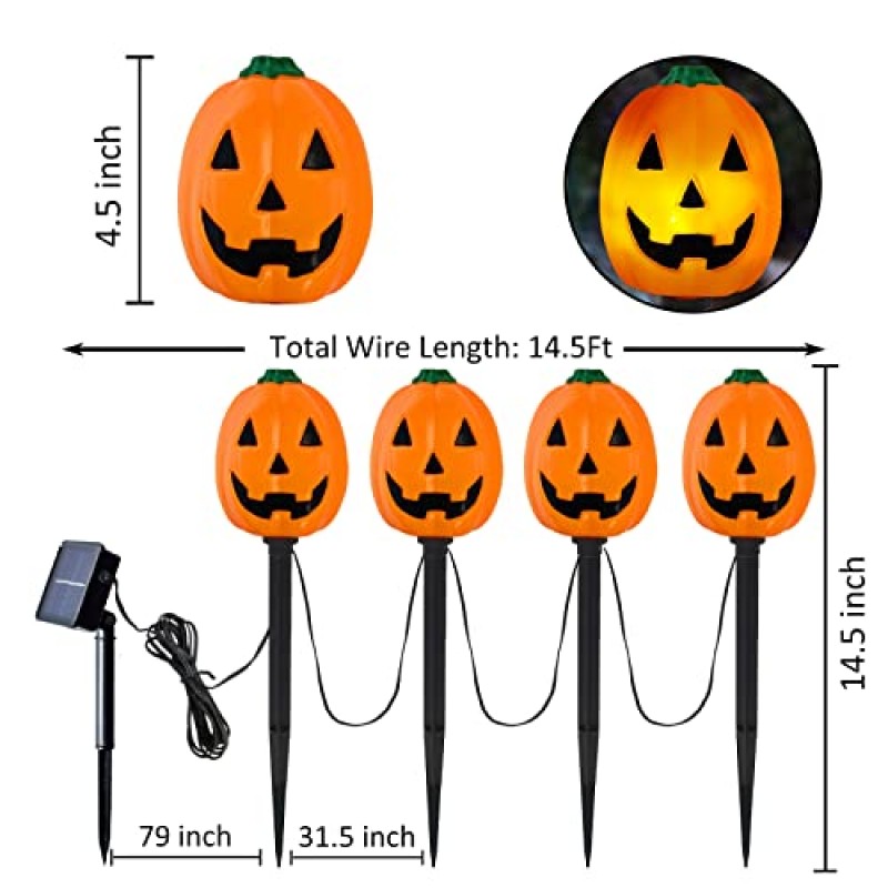 할로윈 태양 통로 마커 조명 4개 세트, 14.2인치 높이 플라스틱 잭-오-랜턴 모양의 호박 잔디 정원 말뚝 트릭 오어 트리트 파티 야외 방수 할로윈 장식용 투명 조명