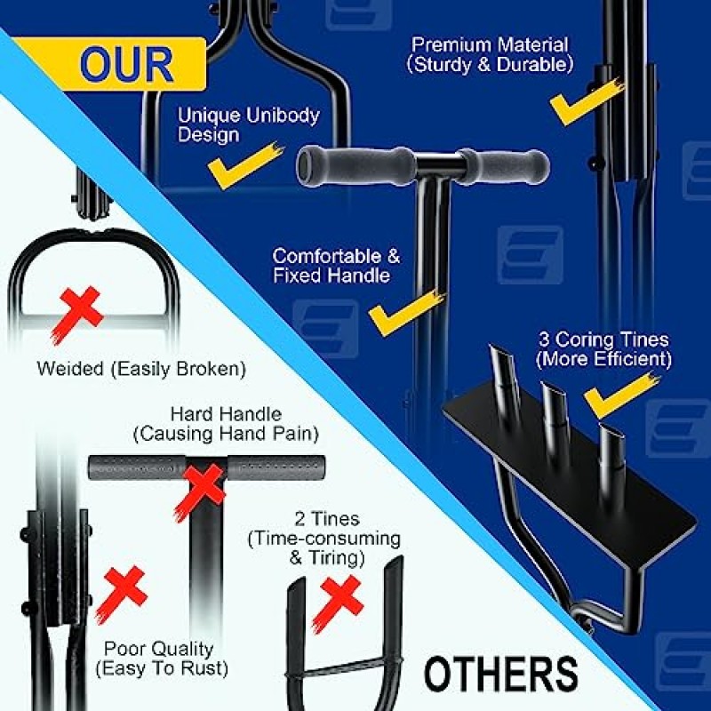 EEIEER 잔디 코어 통풍기 도구, 수동 플러그 통풍기 및 청소/제초 도구, 잔디 정원 통풍용 3개의 코어링 타인이 있는 정원 잔디 통풍 도구