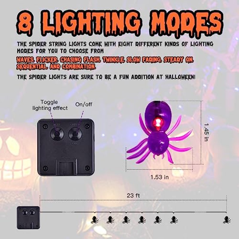 할로윈 태양열 야외 스트링 조명, 8가지 모드의 보라색 거미 조명 50개, 23피트 방수 스트링 전구, 할로윈 파티, 마당, 파티오, 정원, 야외, 집용 장식