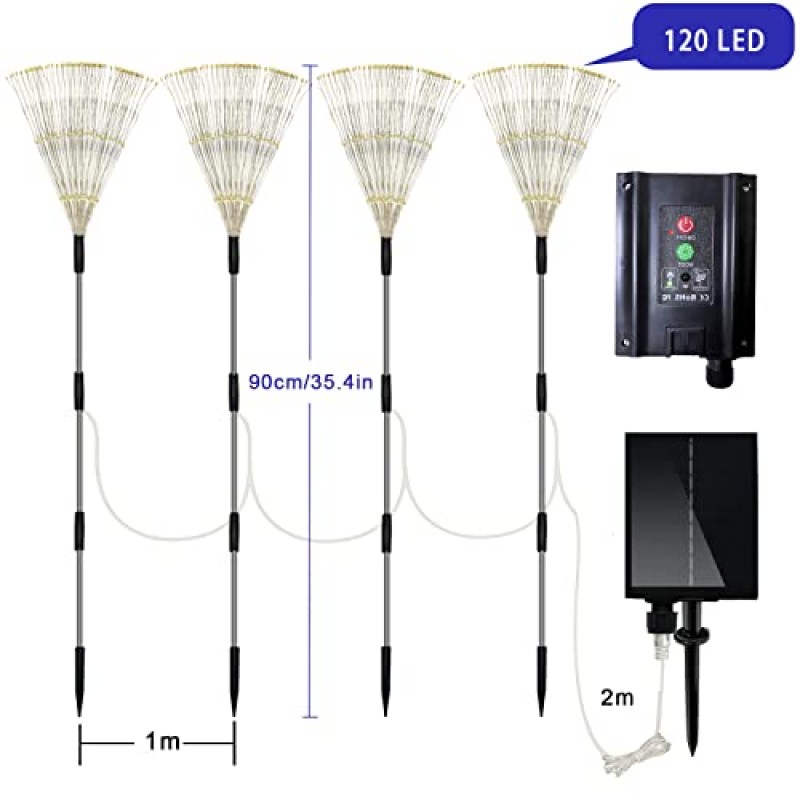 야외 태양 정원 조명, 불꽃 놀이 조명 야외 4 팩 방수 장식 통로 조명, 120Led 반딧불 조명 안뜰 정원 파티 마당 장식 야외 태양 야외 장식 (다채로운)