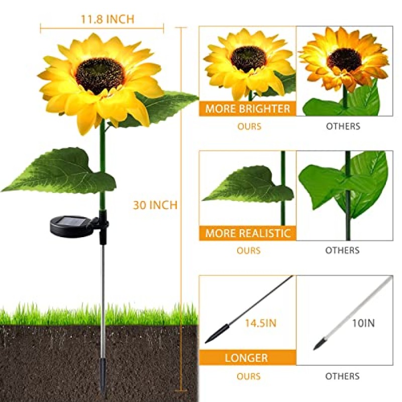 정원 장식용 태양열 실외 조명, 야외 장식용 방수 태양열 전원 꽃 스테이크 조명 2개, 해바라기 외부 정원 파티오 통로 마당 뒤뜰 베란다 잔디용 LED 조명