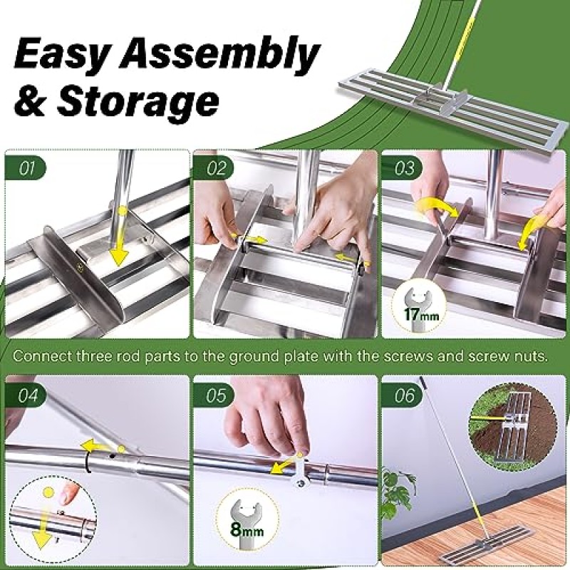 잔디 레벨링 레이크, 조정 가능한 스테인레스 스틸 핸들이 있는 48 x 10인치 잔디 레벨러 레이크, 마당, 정원, 골프 레벨링용 핸들이 있는 토양용 잔디 레벨 도구, 6.5FT