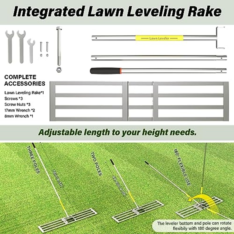 잔디 레벨링 레이크, 조정 가능한 스테인레스 스틸 핸들이 있는 48 x 10인치 잔디 레벨러 레이크, 마당, 정원, 골프 레벨링용 핸들이 있는 토양용 잔디 레벨 도구, 6.5FT