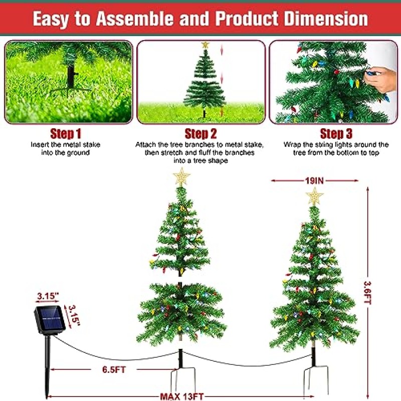 ReyeeInc 조명이 있는 태양광 크리스마스 트리, 1000mA 태양열 전원 방수 3.6FT 외부 크리스마스 트리 스테이크, 100개의 LED 및 독특한 야외 마당 통로 정원 무덤 장식을 위한 8가지 모드(2 in 1)